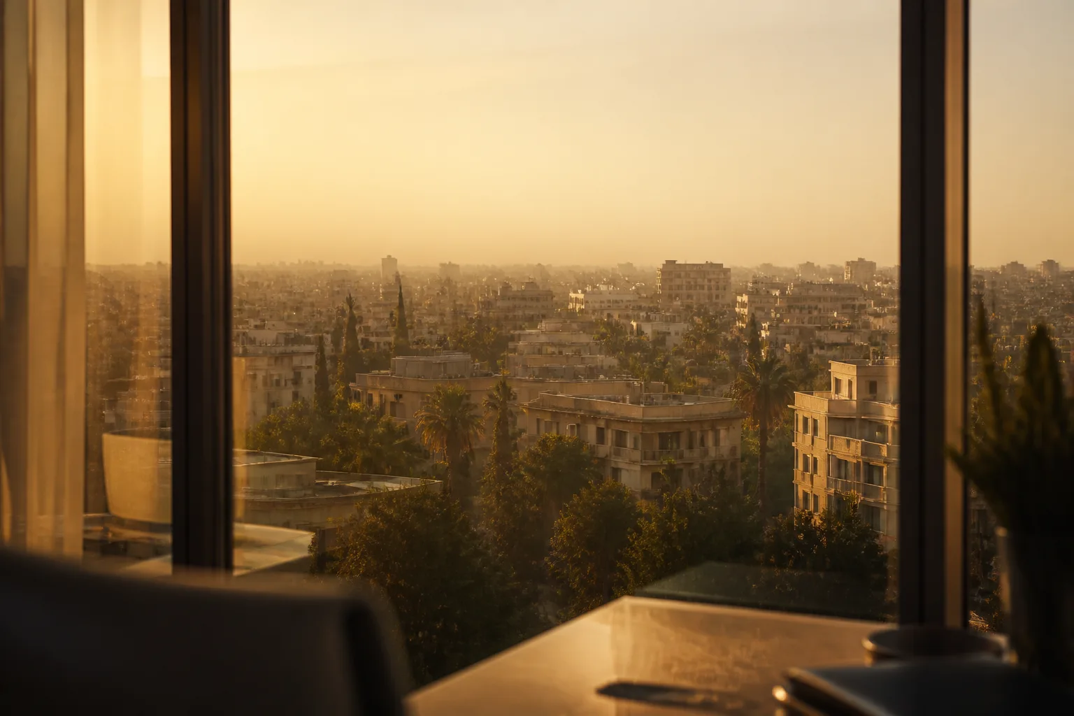 The Cairo skyline at golden hour through an office window