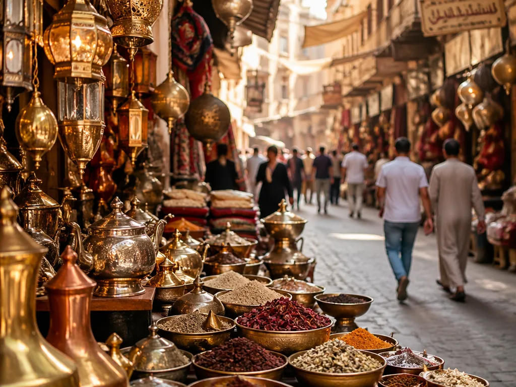 Cairo souk with brass lanterns and spice stalls