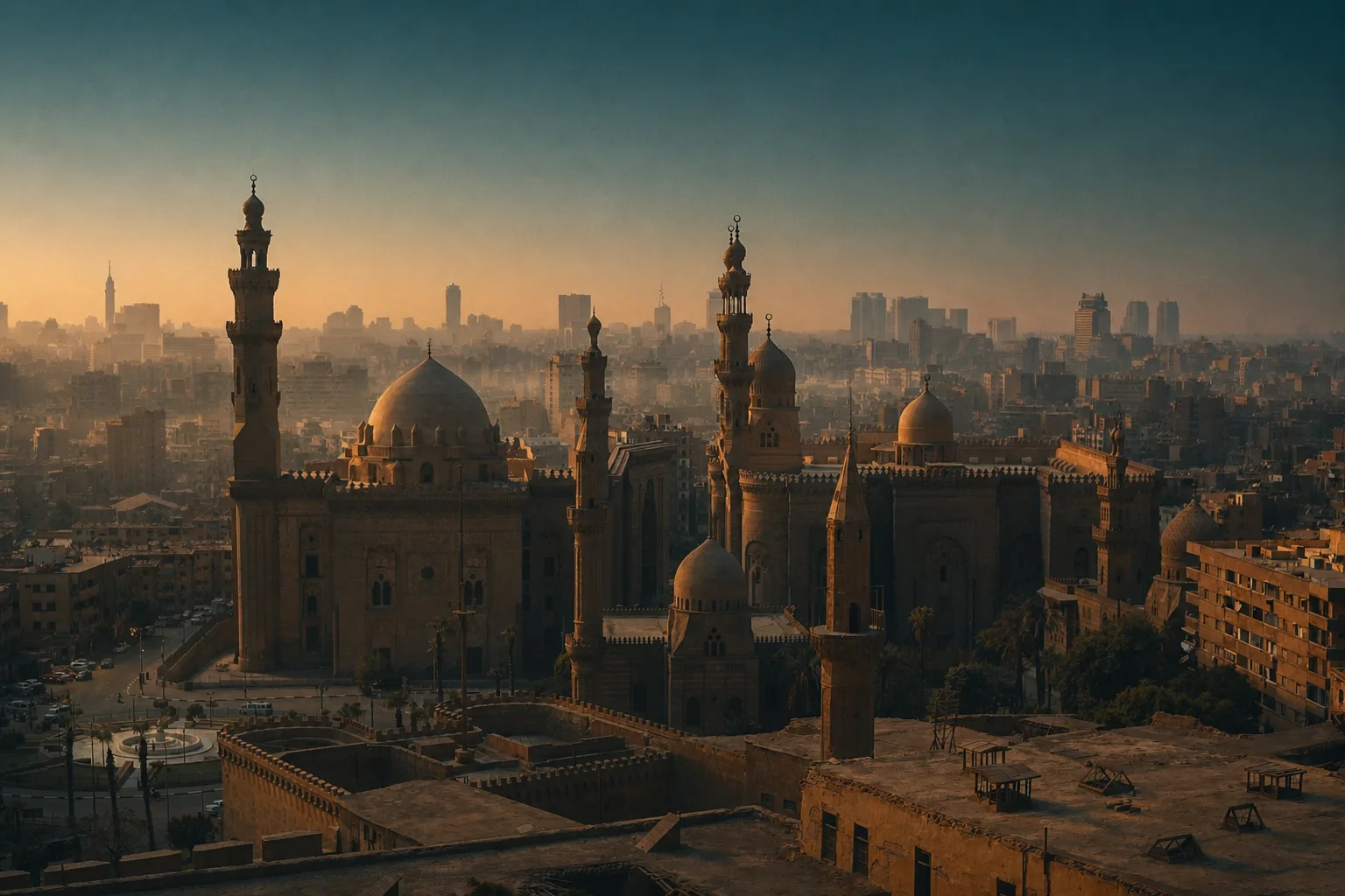 Polished dark luxury saloon at an Egyptian hotel portico at dawn
