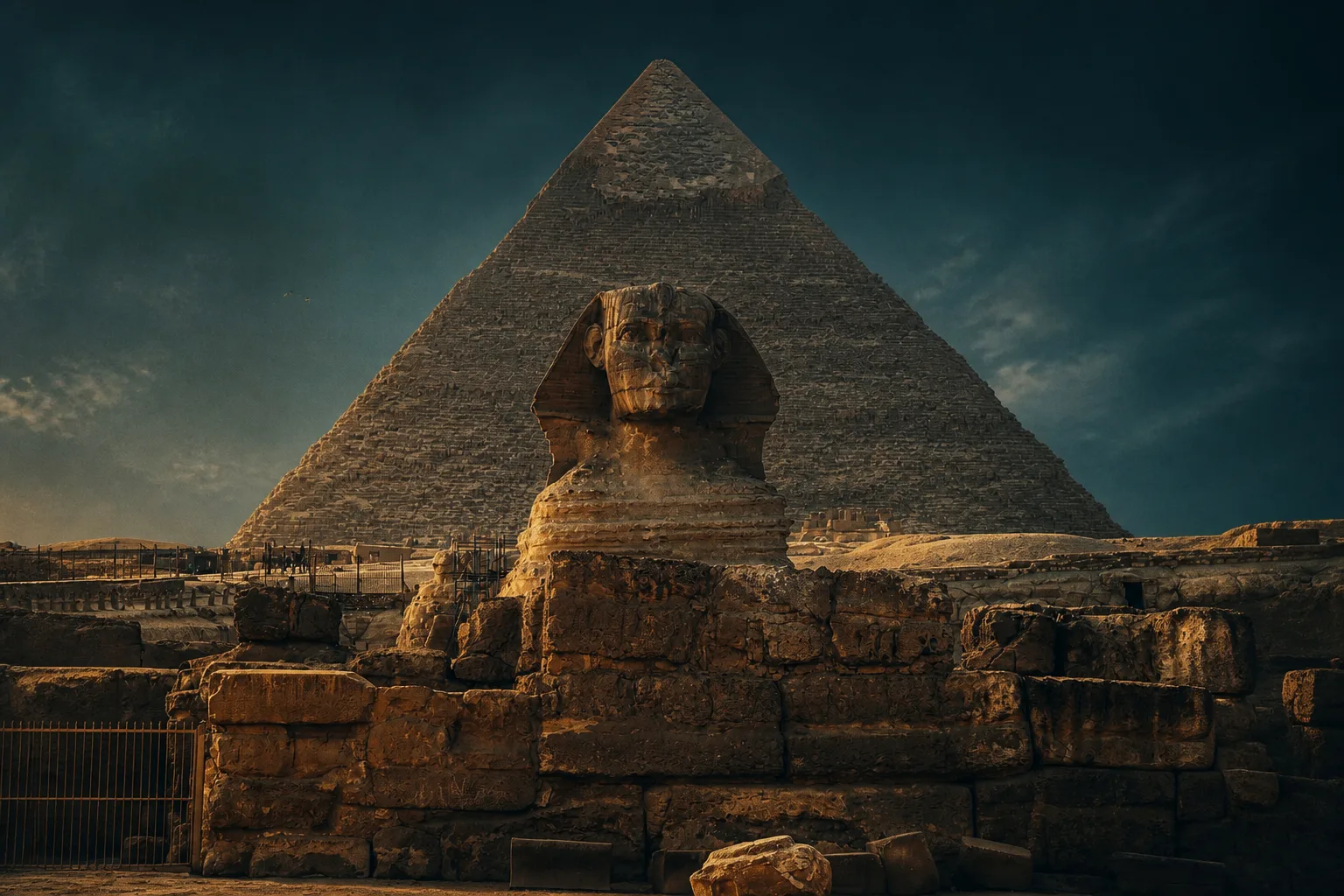 Sphinx and Pyramid of Khafre at dusk