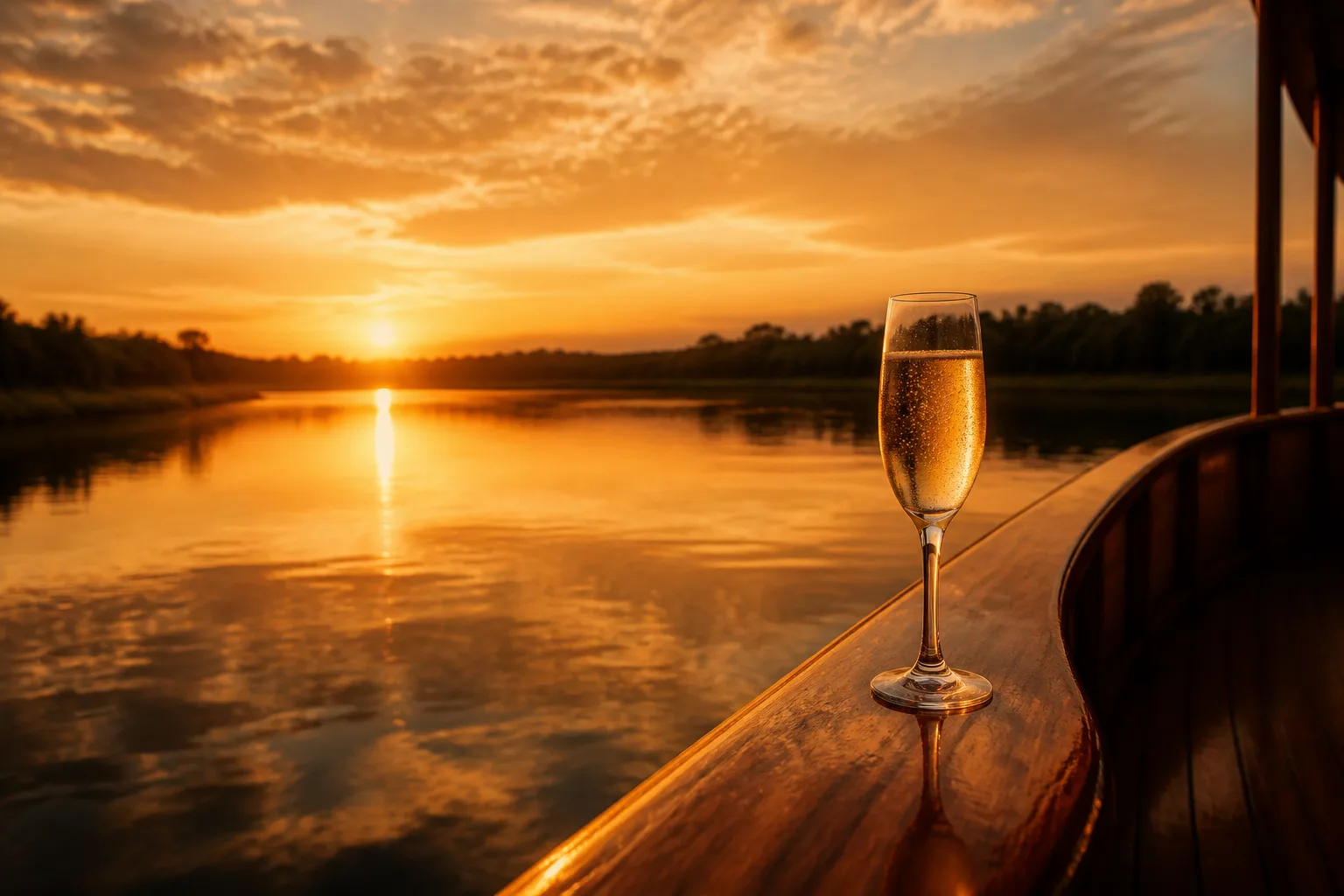 Single chilled champagne flute on the polished teak rail of a vintage river vessel at golden hour.