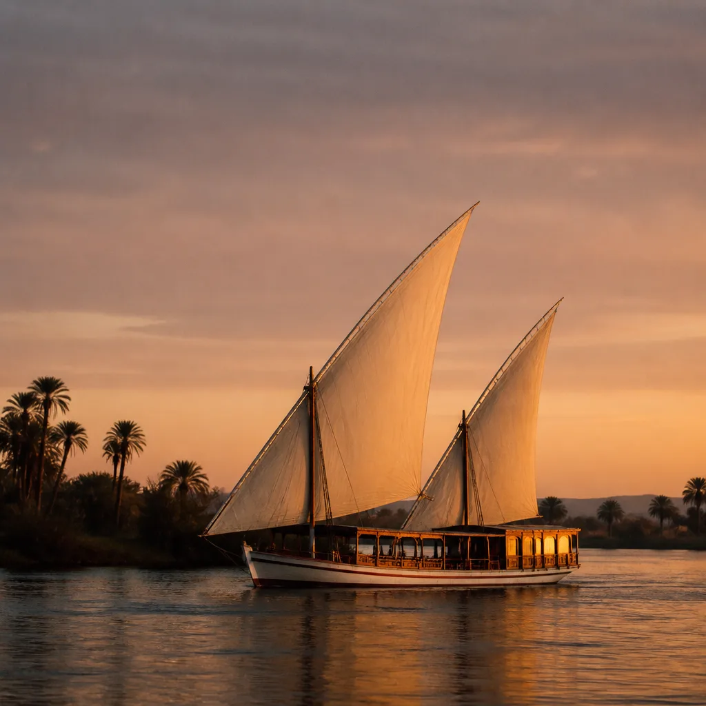 Dahabiya sailing the Nile under canvas