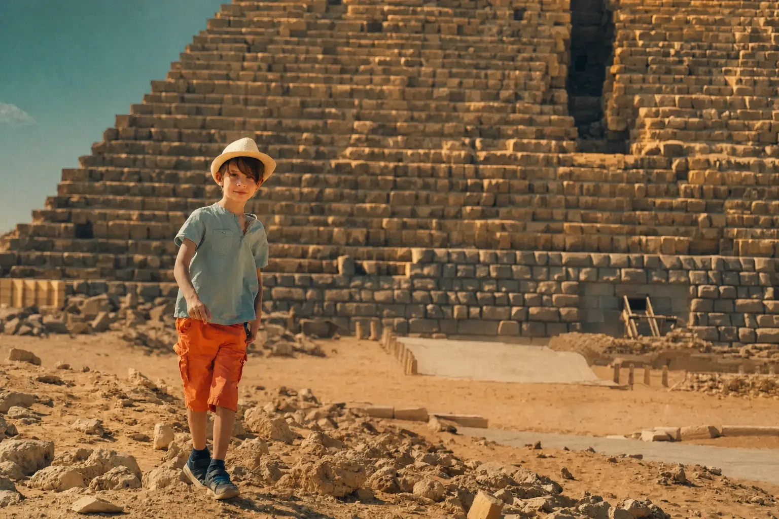 A boy walking past the Pyramid of Menkaure on the Giza plateau