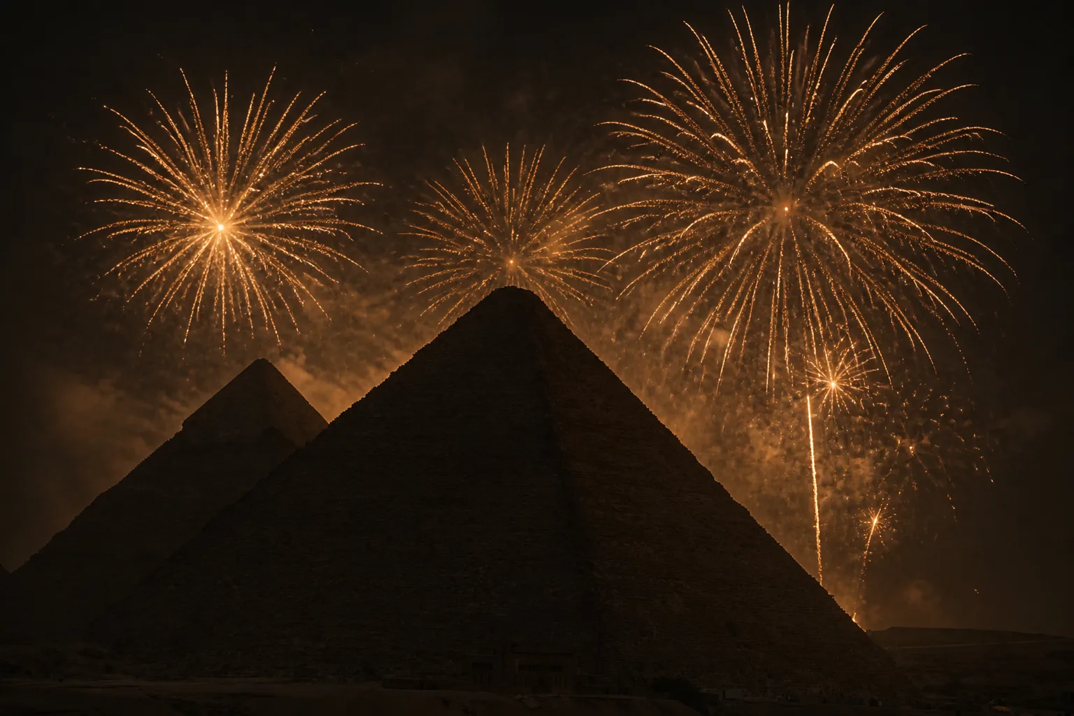 New Year's Eve fireworks over the Pyramids at night